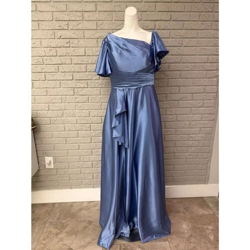 Women’s Blue Satin Asymmetrical Neckline Cascading Ruffle Gown Size 14